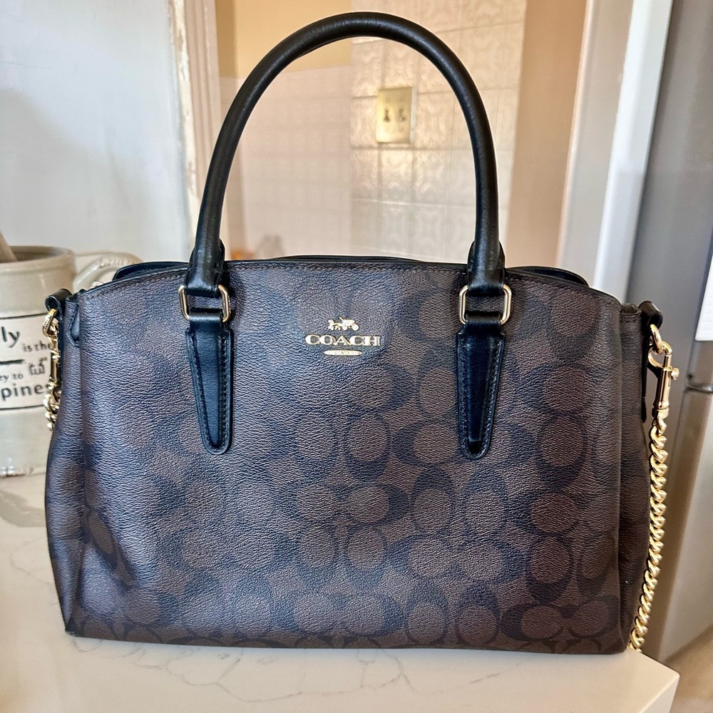 Coach Brown Signature Satchel with Black Handles and Gold Hardware